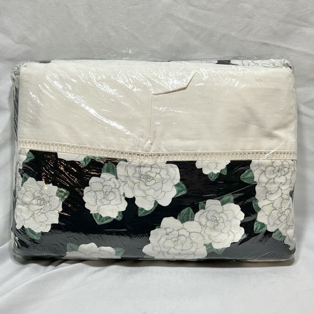 Vintage Designer Sheet Set Full Size Black Ivory Floral Flat Fitted Pillowcases